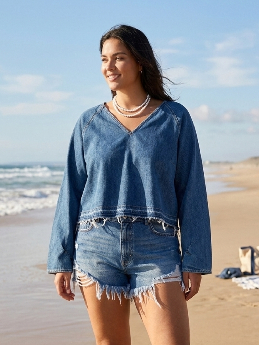 ZAEA Denim V-Neck Raw Hem Pullover